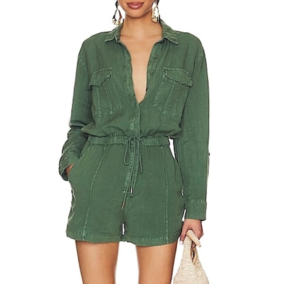 Young Fabulous & Broke YFB Lakeside Linen Romper Pigment Dyed Green REVOLVE - Picture 1 of 8
